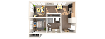 A 3D rendered image of a small apartment layout.