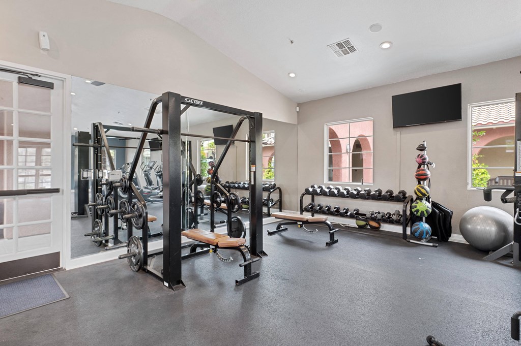 the preserve at ballantyne commons fitness room with weights and cardio equipment