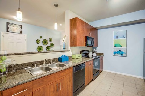 kitchen with double sink, oven, microwave