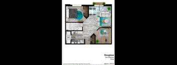 a floor plan of one bedroom apartment with two bathrooms and a living room with a dining area