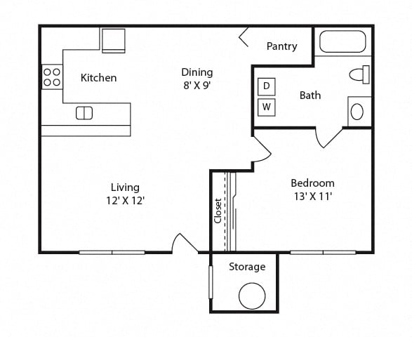 1 bed 1 bath 621 square feet floor plan