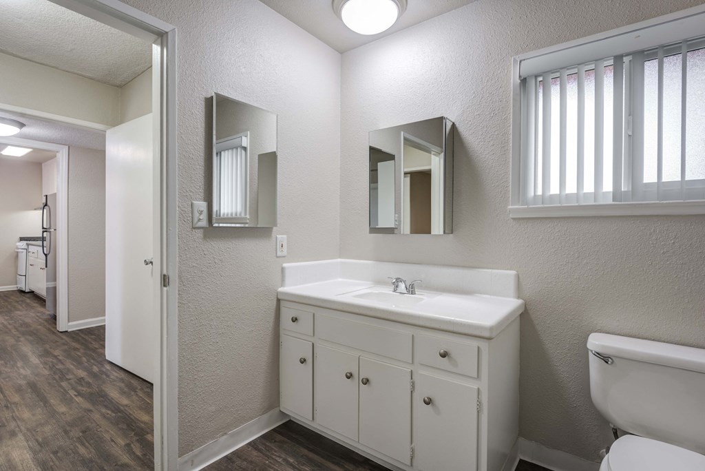 a bathroom with a sink and mirror