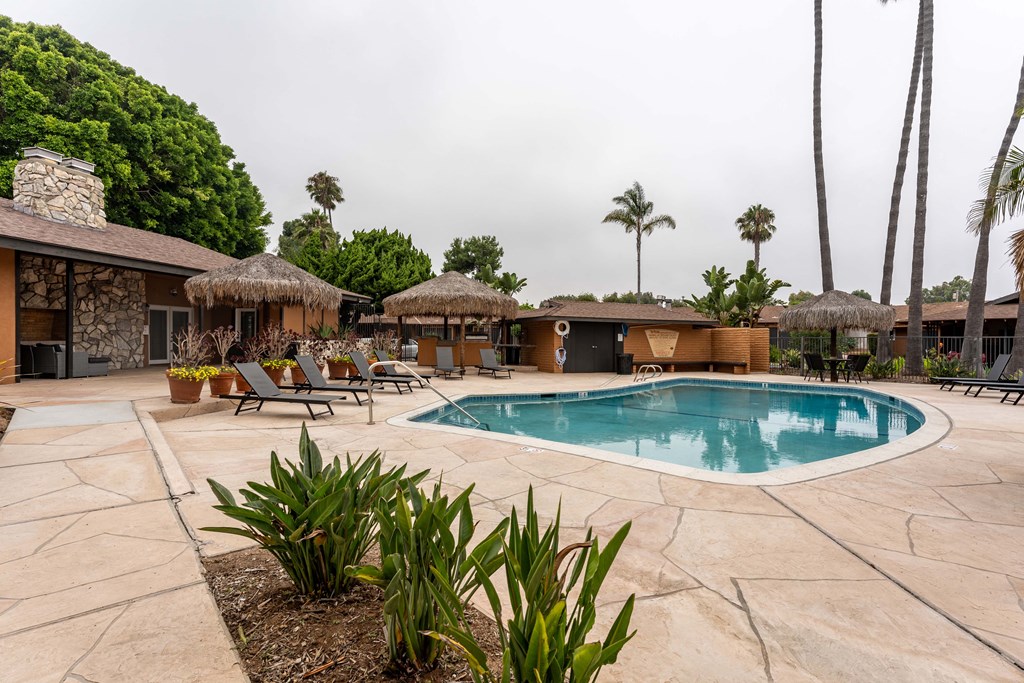 a swimming pool with chaise lounge chairs and palm trees in the background