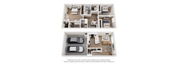 A 3D floor plan of a house with two bedrooms, a living room, a kitchen, a bathroom, and a garage.