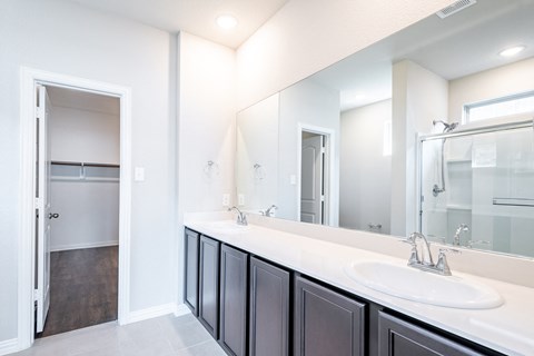 a bathroom with a large mirror and a sink and a shower