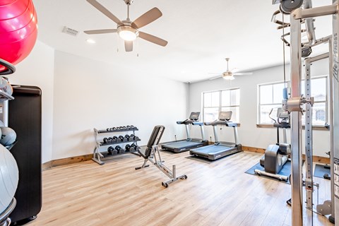 the home gym has plenty of exercise equipment and a ceiling fan