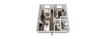 A 3D floor plan of a house with a kitchen, living room, and bathroom.