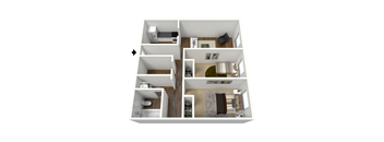 A 3D floor plan of a house showing the layout of the rooms.
