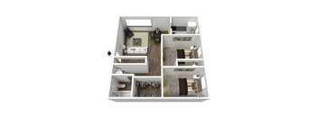 A 3D floor plan of a house showing a living room, kitchen, and bedrooms.