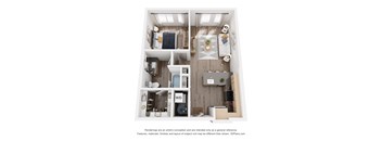 A 3D floor plan of a small apartment with a kitchen, living room, and bathroom.