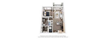 A 3D floor plan of a small apartment with a kitchen, living room, and bathroom.