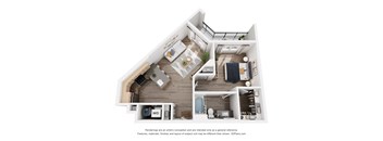 A 3D floor plan of a house with a kitchen, living room, and bathroom.