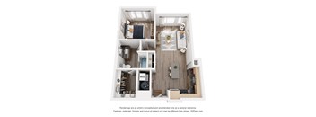 A 3D floor plan of a small apartment with a kitchen, living room, and bathroom.