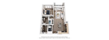 A 3D floor plan of a small apartment with a kitchen, living room, and bathroom.