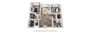 A 3D floor plan of a small apartment with a kitchen, living room, and bedroom.