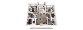 A 3D floor plan of a house with a kitchen, living room, and two bedrooms.