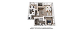 A 3D floor plan of a house with a kitchen, living room, and bedrooms.