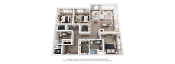 A 3D floor plan of a house with labeled rooms.
