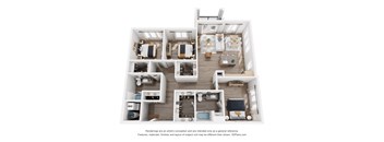A 3D floor plan of a house with labeled rooms.