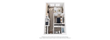 A 3D floor plan of a small apartment with a kitchen, living room, and bathroom.