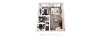 A 3D floor plan of a small apartment with a kitchen, living room, and bathroom.