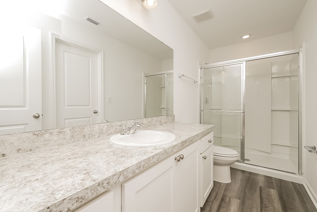 A bathroom with a marble countertop and a walk-in shower.