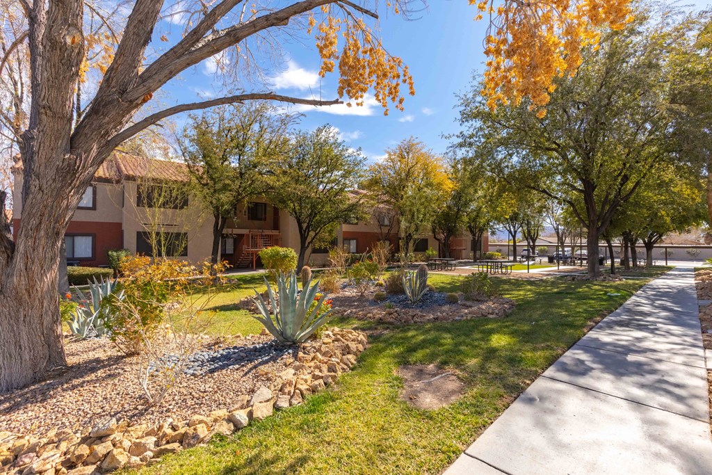 a sidewalk in front of a building with trees