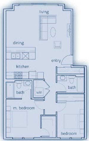 2 Bed, 2 Bath, 948 sq. ft. The Saturna floor plan