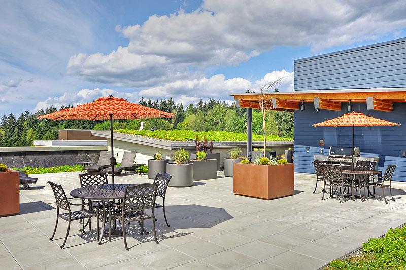 Apartments in Kirkland, WA for Rent - Kirkland Crossing - Rooftop with Umbrellas, Tables, BBQ Grill, and Potted Plants