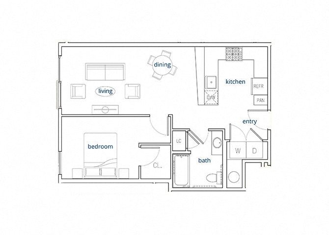 1 Bed, 1 Bath, 661 sq. ft. Unit 1D