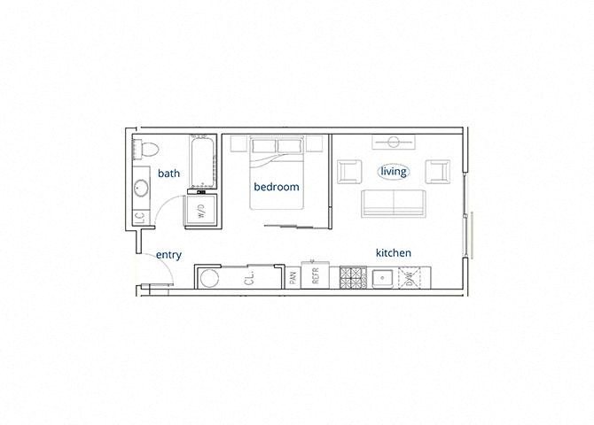 1 Bed, 1 Bath, 476 sq. ft. Unit E