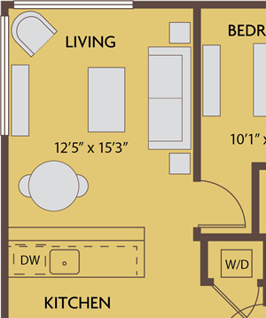 1 bed 1 bath 614 square feet floor plan