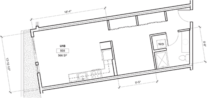 MFTE 1 Bed - 1 Bath, 613 sq ft, Urban 1 Bedroom F floor plan