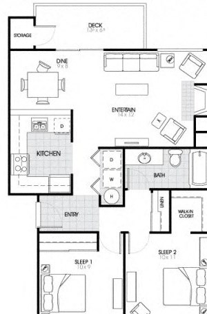 B1 Floorplan 2 Bed - 1 Bath |868 sq ft B1 Floorplan at The Fairways Apartments