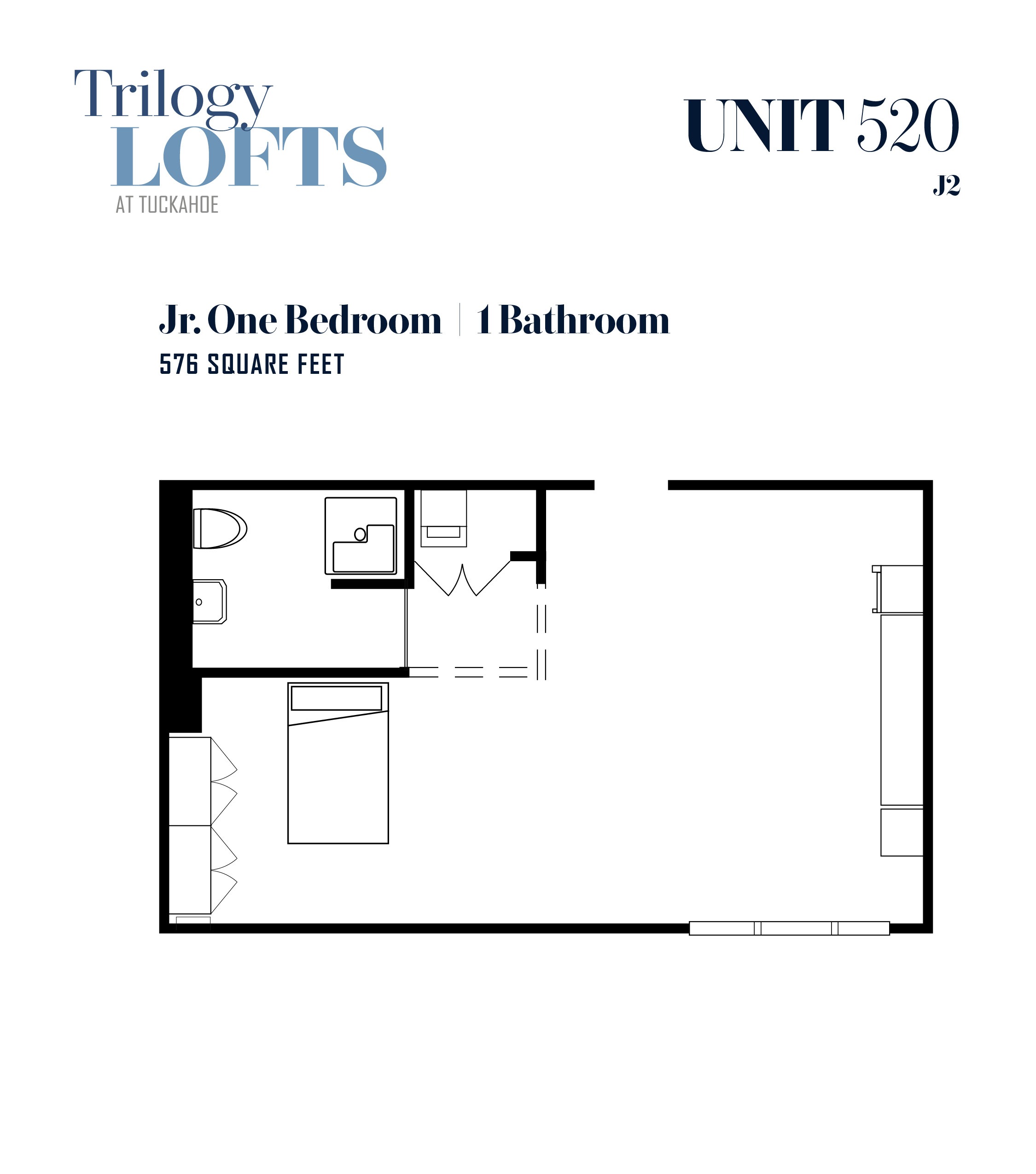 A floor plan for a unit with one bedroom and one bathroom.