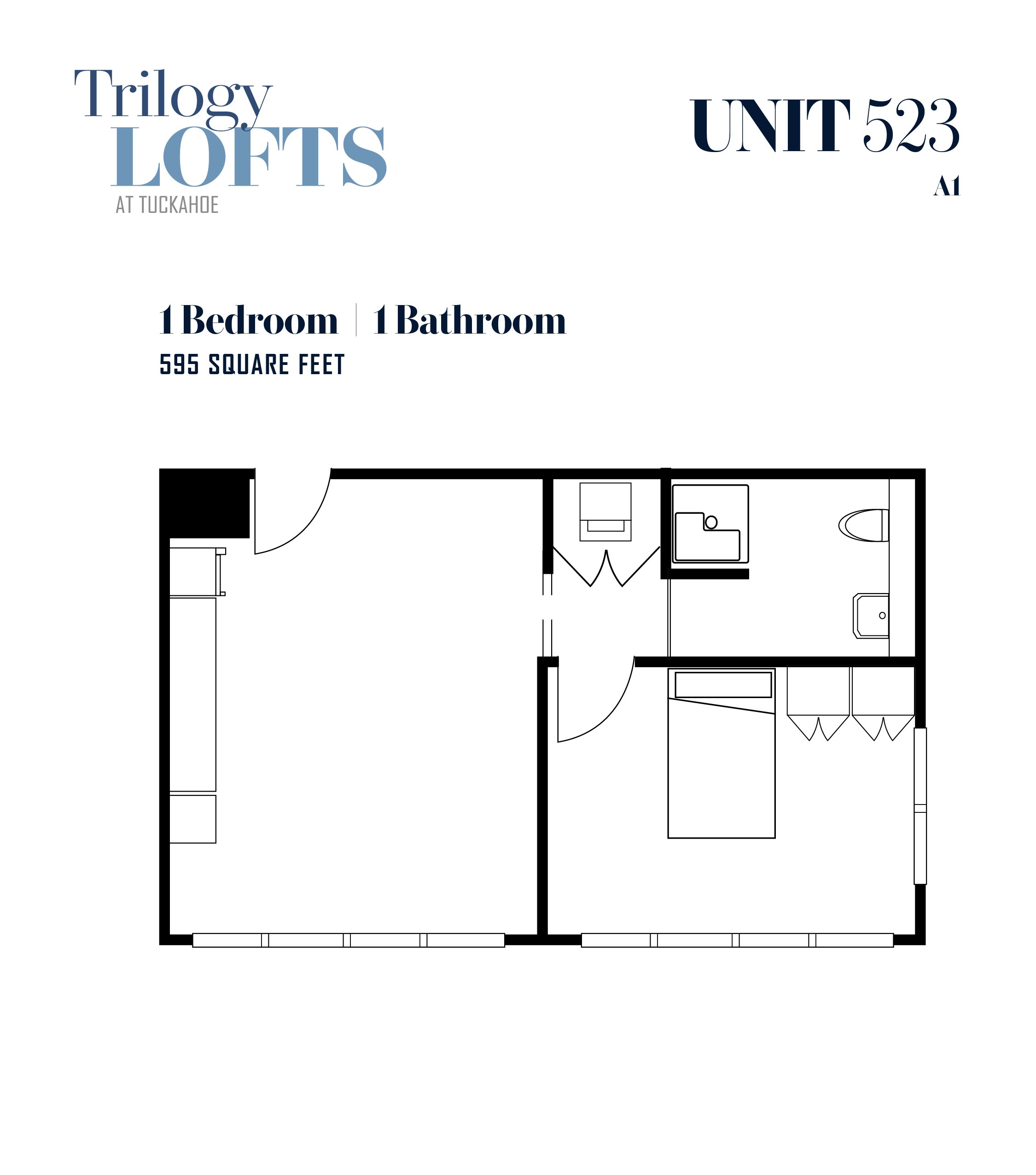 A floor plan for a 523 square foot unit with one bedroom and one bathroom.