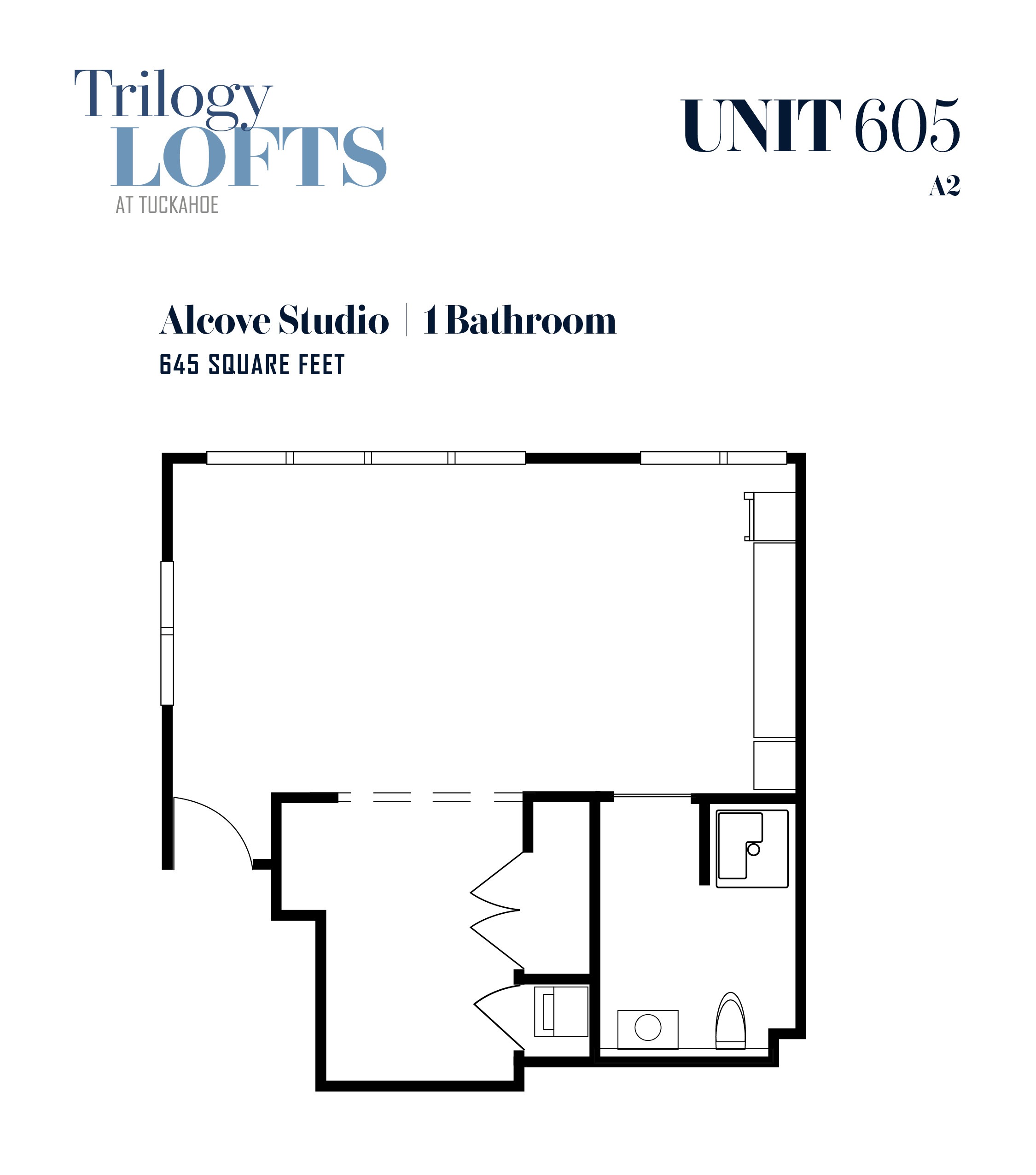 A floor plan for a 605 unit at Trilogy Lofts.