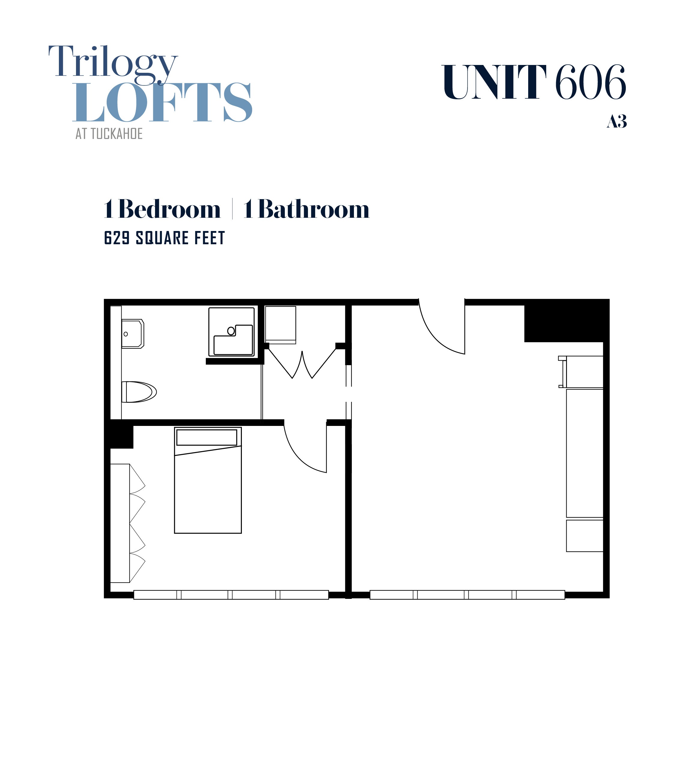 A floor plan for a 629 square foot apartment with one bedroom and one bathroom.