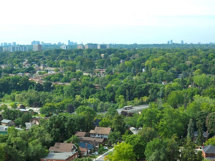 an aerial view of a city with trees and buildings