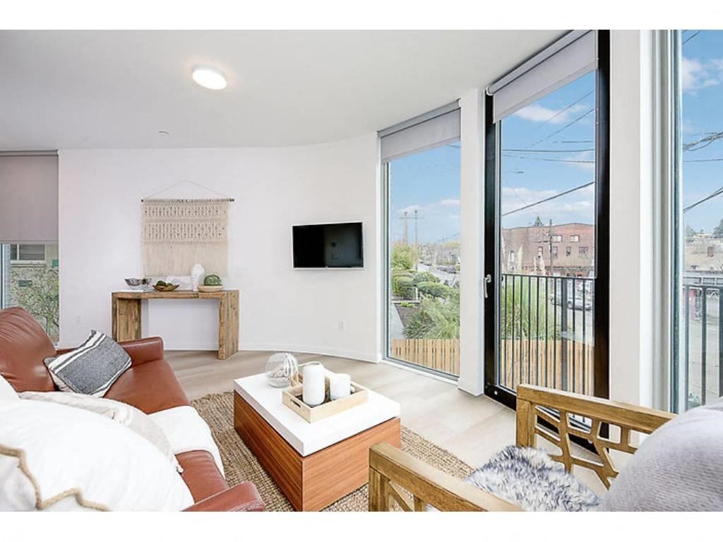 Living room windows with city views