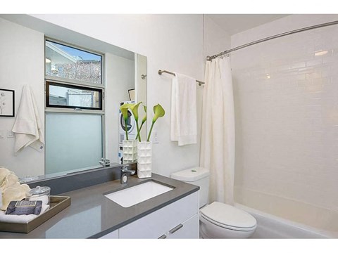 Bathroom with grey countertops