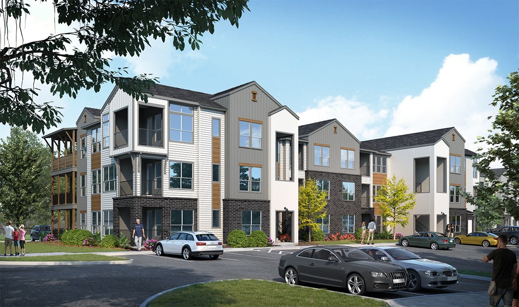 a rendering of an apartment complex with cars parked on a street