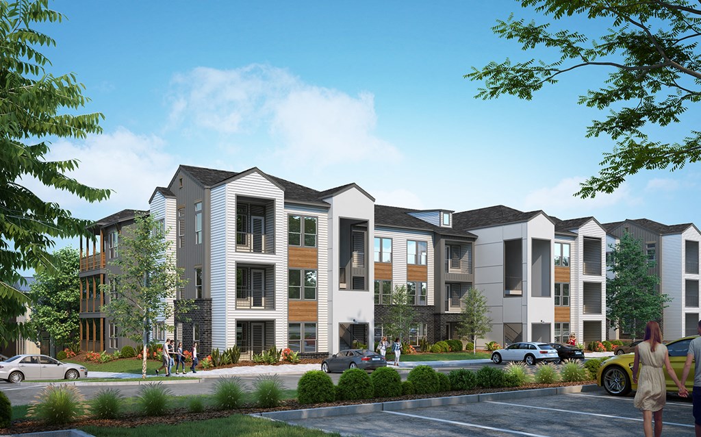 a rendering of an apartment complex with cars parked in front of it