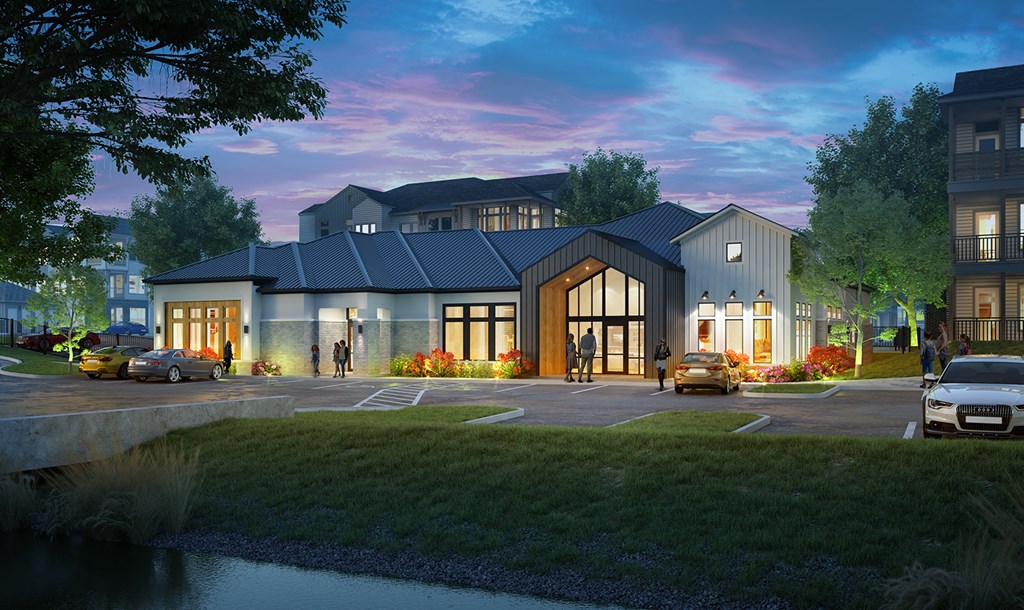 a rendering of a building with cars parked in a parking lot