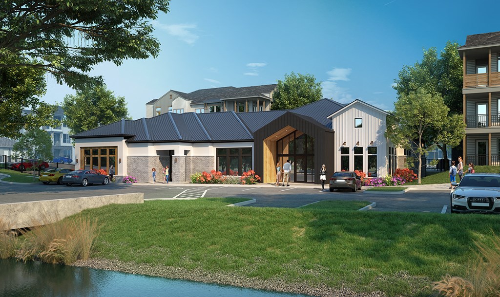 a rendering of a building with cars parked in front of it