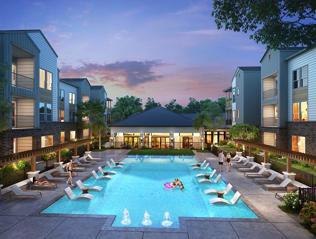 a rendering of an apartment building with a swimming pool