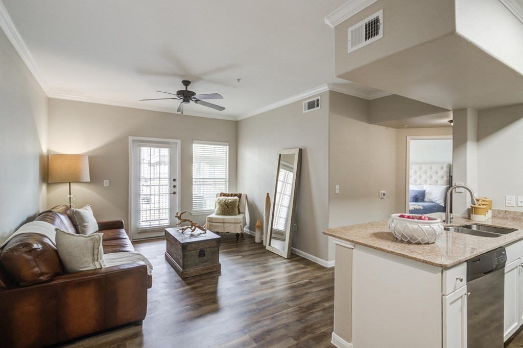 A living room with wood floors and ceiling fan and windows and couch