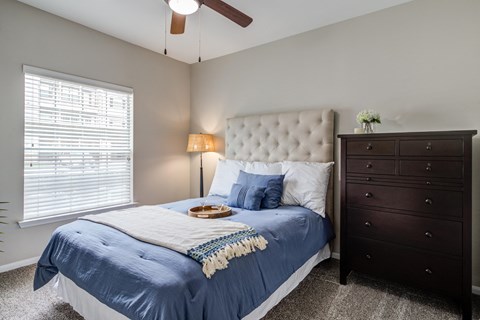 a bedroom with carpet floor and doors and ceiling fan