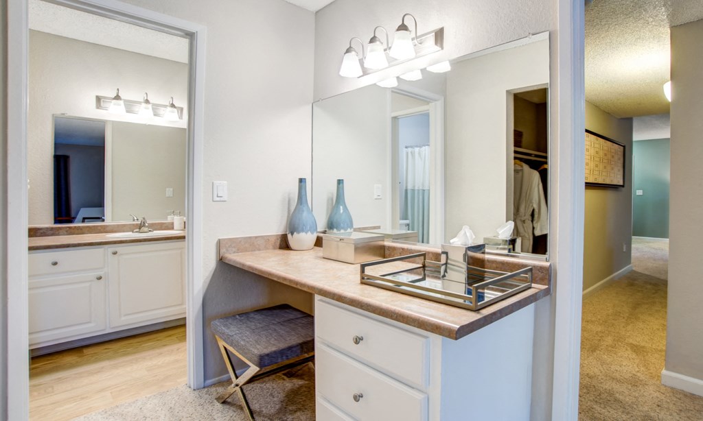 a bathroom with a large mirror and a vanity with a sink