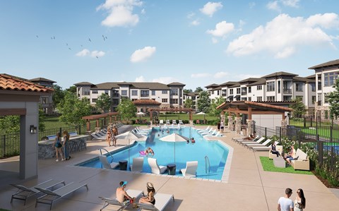 A group of people are enjoying the outdoor pool area of a resort.